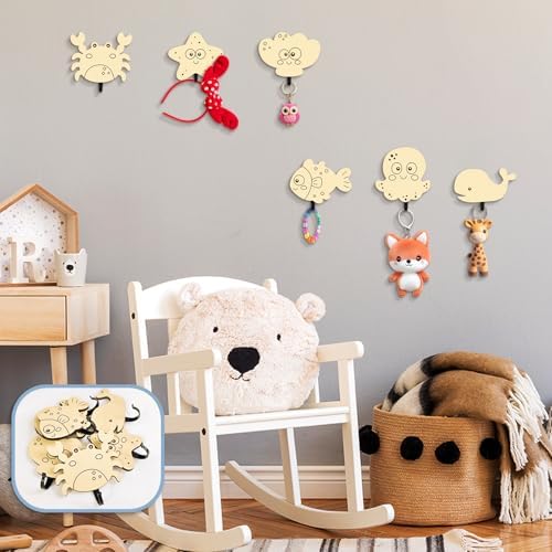 6Pcs Kids Ocean Animal Coat Hooks Wooden Wall Decor