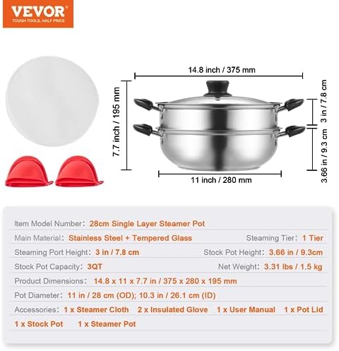 VEVOR 11in Steamer Pot Set with 3QT Stock Pot and Steamer Cloth