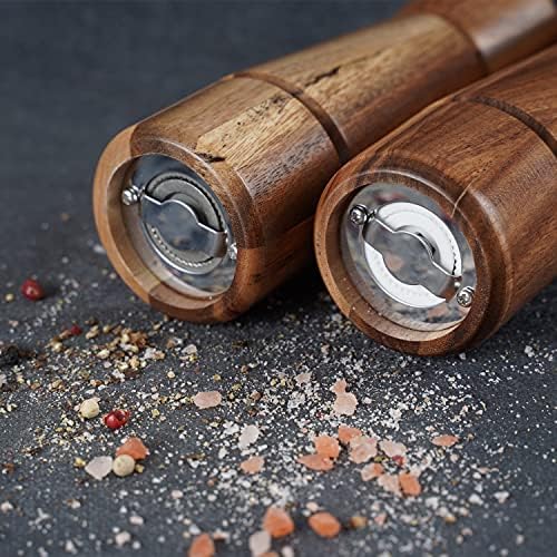 Salt and Pepper Grinder Set with Tray Acacia Wood and Stainless Steel