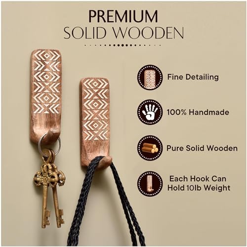 Indian Shelf 6 Piece Wooden Wall Hooks with Adhesive