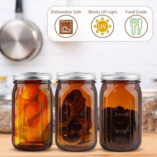 CARBLIN 6 Pack 32 oz Amber Canning Jars with Lids