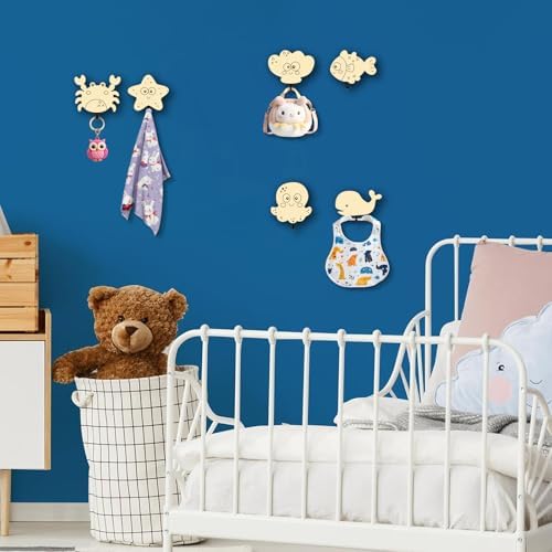 6Pcs Kids Ocean Animal Coat Hooks Wooden Wall Decor