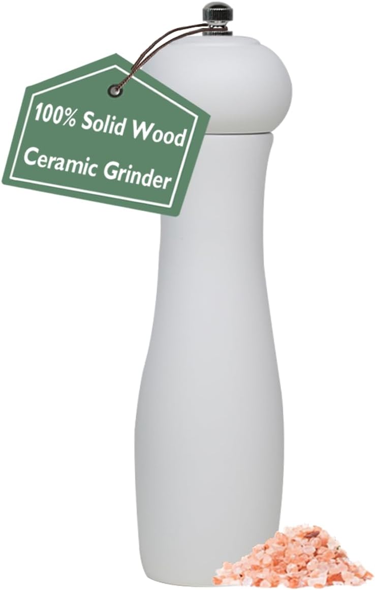 ManGotree Wooden Pepper Mill Grinder Adjustable Coarseness Refillable Oak Wood 8 Inch White