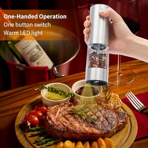 TNUMDRT Stainless Steel Pepper Mill Set with LED Light and Rechargeable Base
