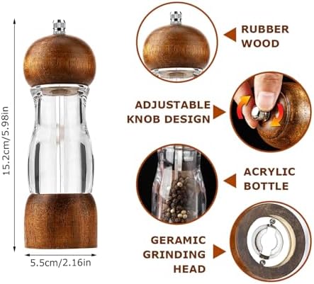 HONISOX Salt Pepper Grinder Set Wooden 6 Inch Adjustable Coarseness