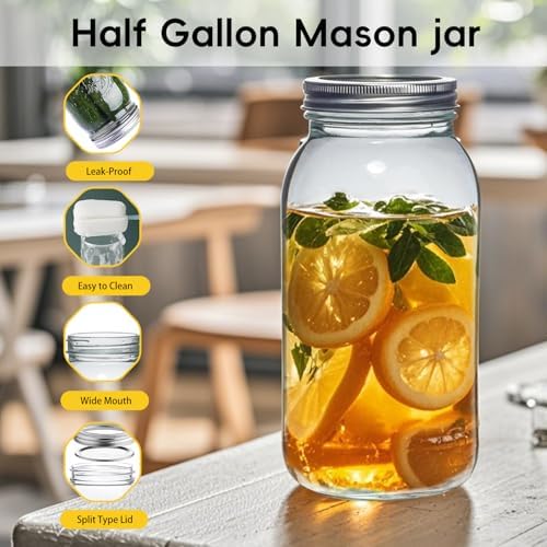 64 oz Mason Jars 3 Pack Large Half Gallon Airtight Lids