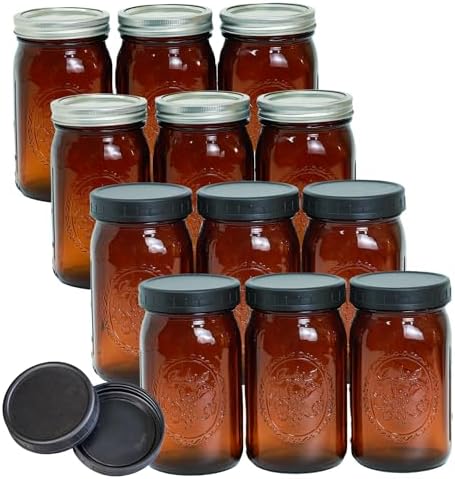 12 Pack Amber Mason Jars with Lids and Bands