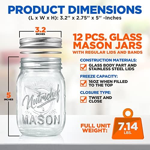NutriChef 12-Pack 16 oz Mason Jars with Lids