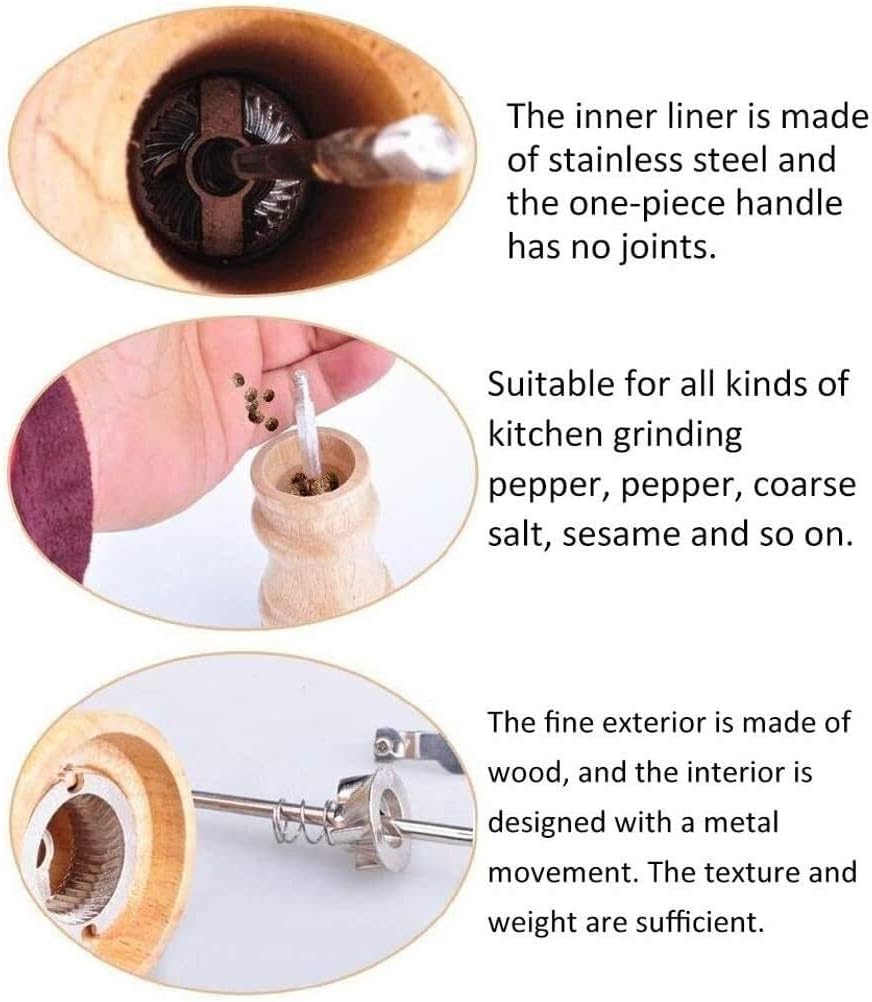 Adjustable Pepper Mill with Wooden Handle and Stainless Steel Liner