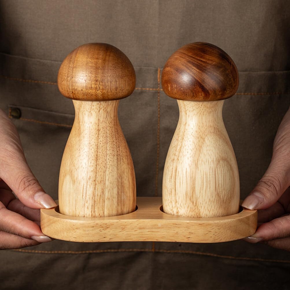 MAGICLULU Acacia Wood Salt Pepper Set with Mushroom Shakers