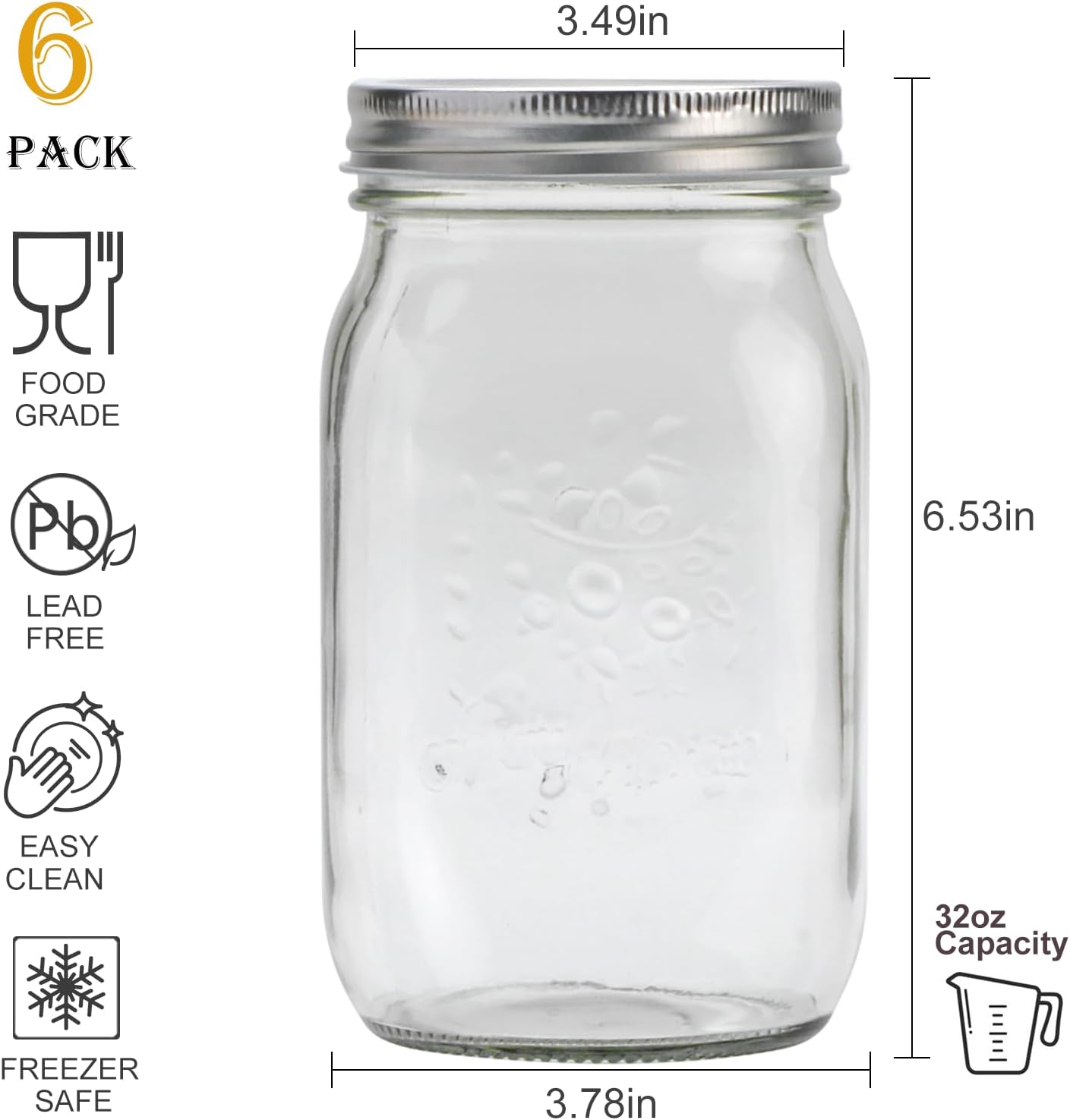 Flrolove 32 OZ Glass Jars 6 Pack with Airtight Lids