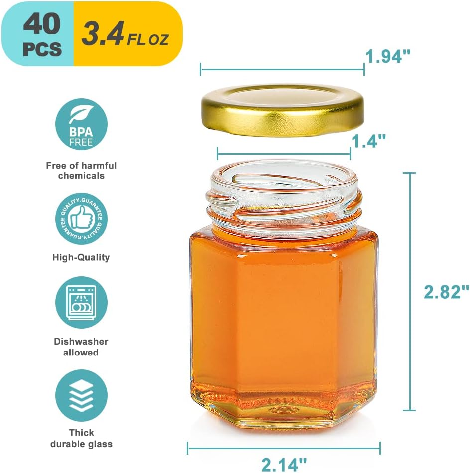 40 Pack Hexagonal Honey Jars with Lids - Reusable 34 Oz Glass Canning Containers