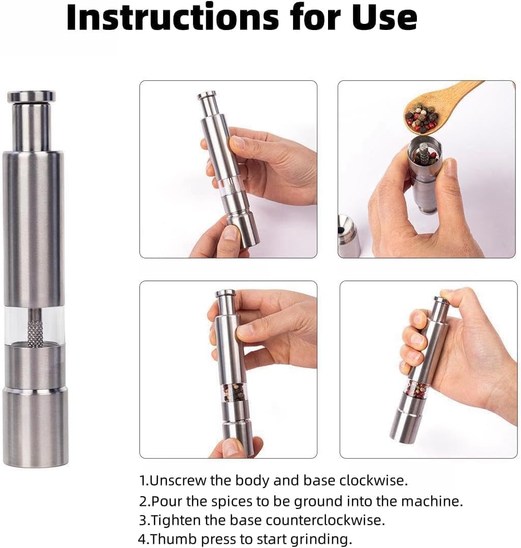 HalfofLife Salt Pepper Grinder Set Push Button Stainless Steel Refillable