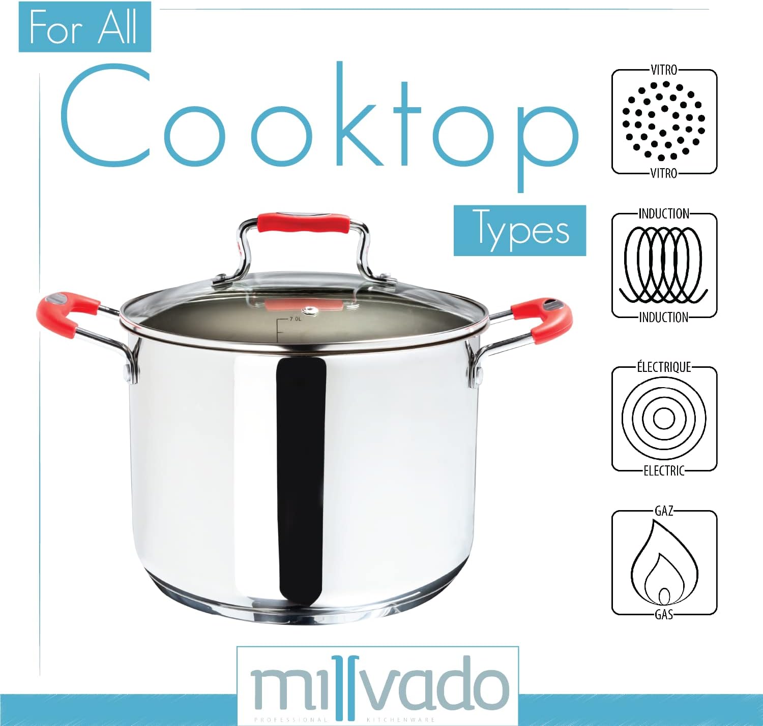Millvado 11 Quart Stainless Steel Stock Pot with Clear Glass Lid