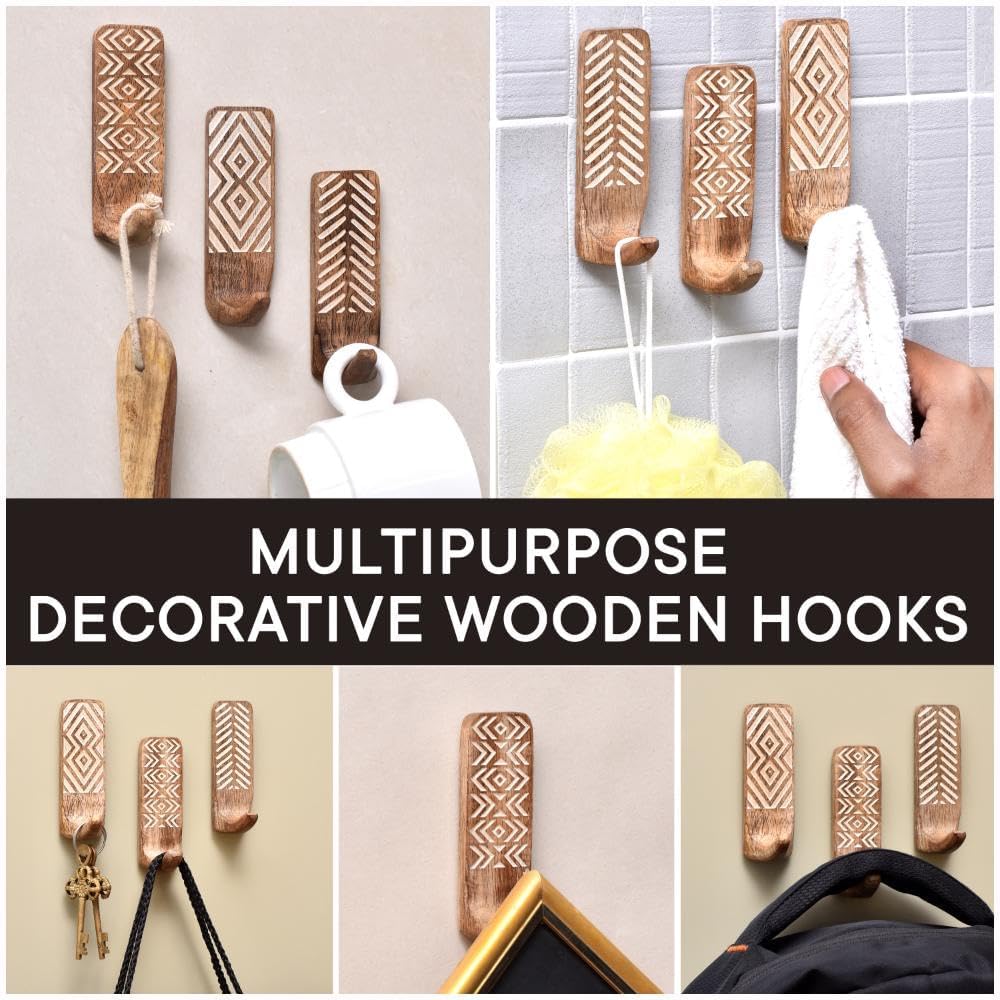Indian Shelf 6 Piece Wooden Wall Hooks with Adhesive