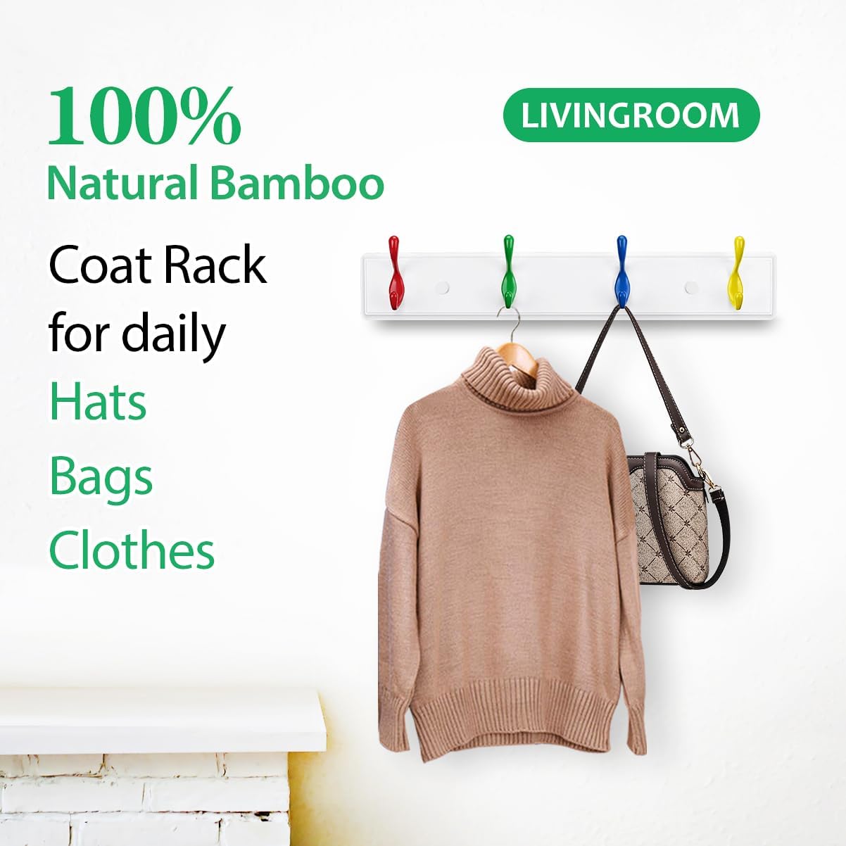 Badiano Wall Mount Coat Rack with 4 Heavy Duty Hooks