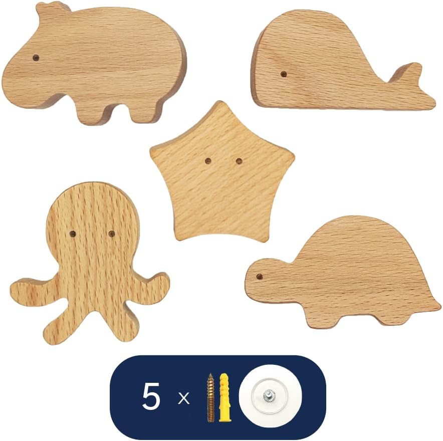 TRUULOOP Cute Animal Wood Wall Hooks - 5 Pieces