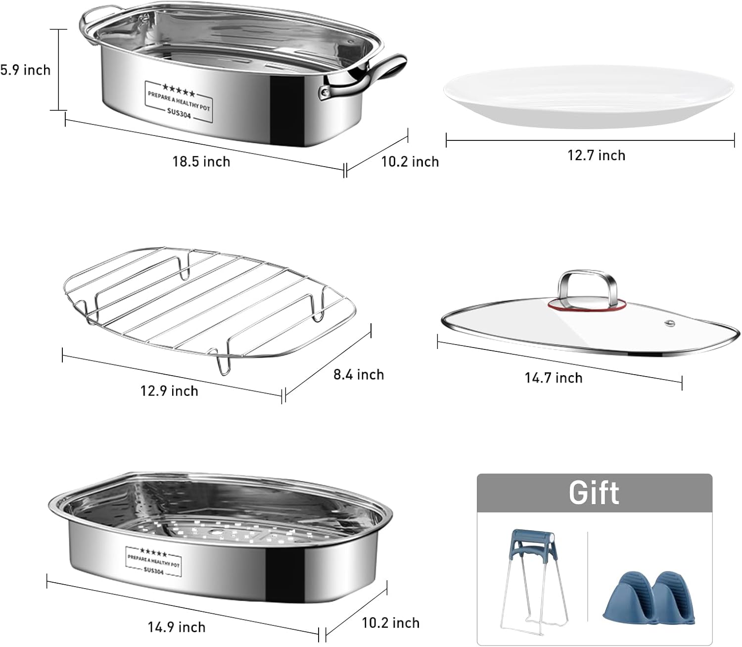 Eglaf 2-Tier Fish Steamer with Ceramic Plate and Oven Mitts 1