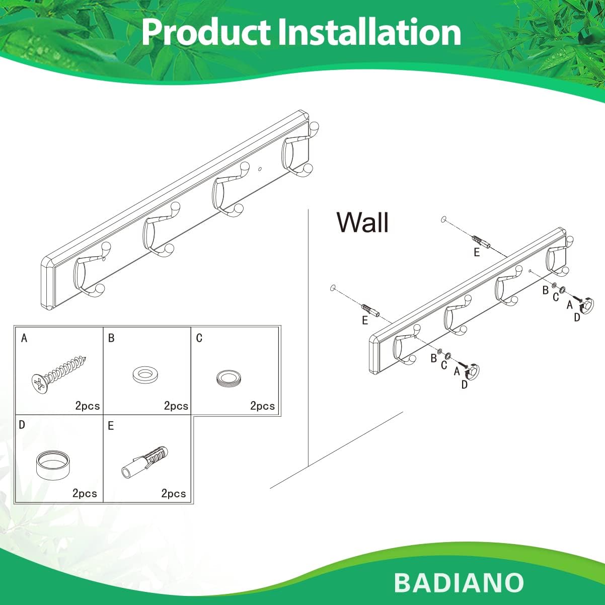 Badiano Wall Mount Coat Rack with 4 Heavy Duty Hooks