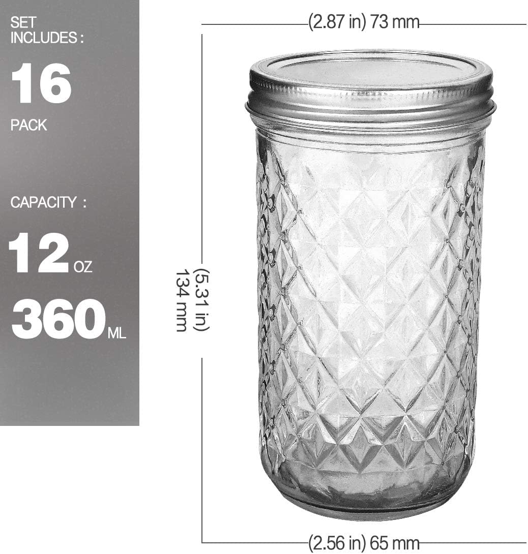 VERONES 12 OZ Mason Jars with Regular Lids 16 Pack