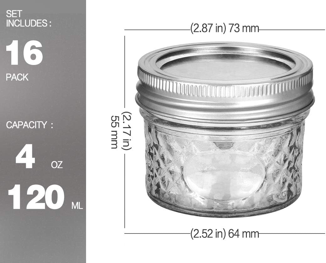 VERONES 4 Oz Mason Jars 16 Pack with Lids and Bands