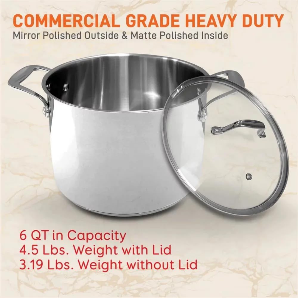 6 Quart Stainless Steel Stock Pot with See-Through Lid
