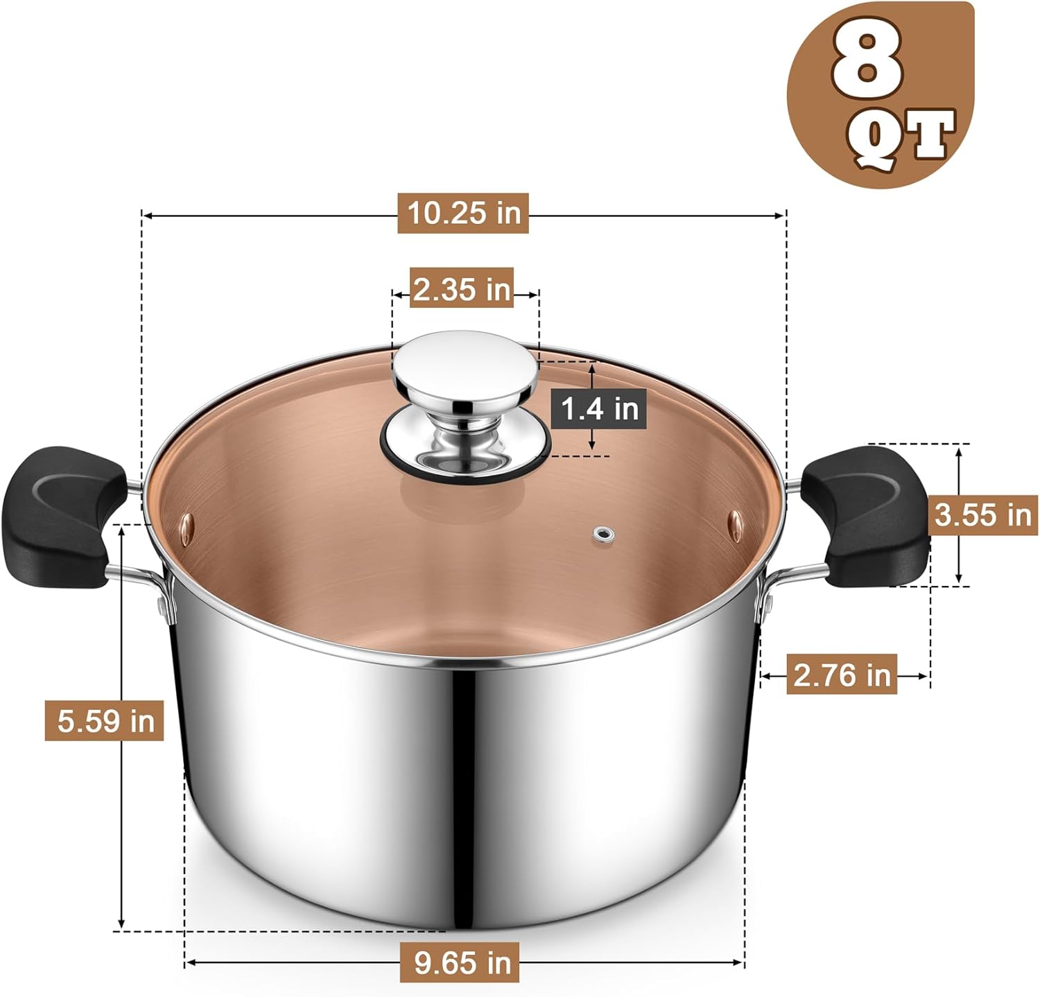 PP CHEF 8 Qt Stock Pot with Lid 3-Ply Stainless Steel