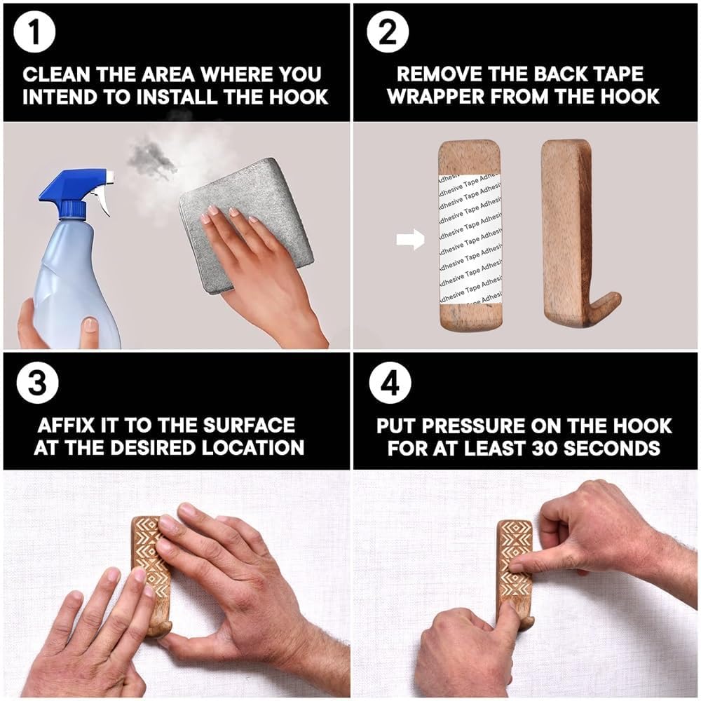 Indian Shelf 6 Piece Wooden Wall Hooks with Adhesive
