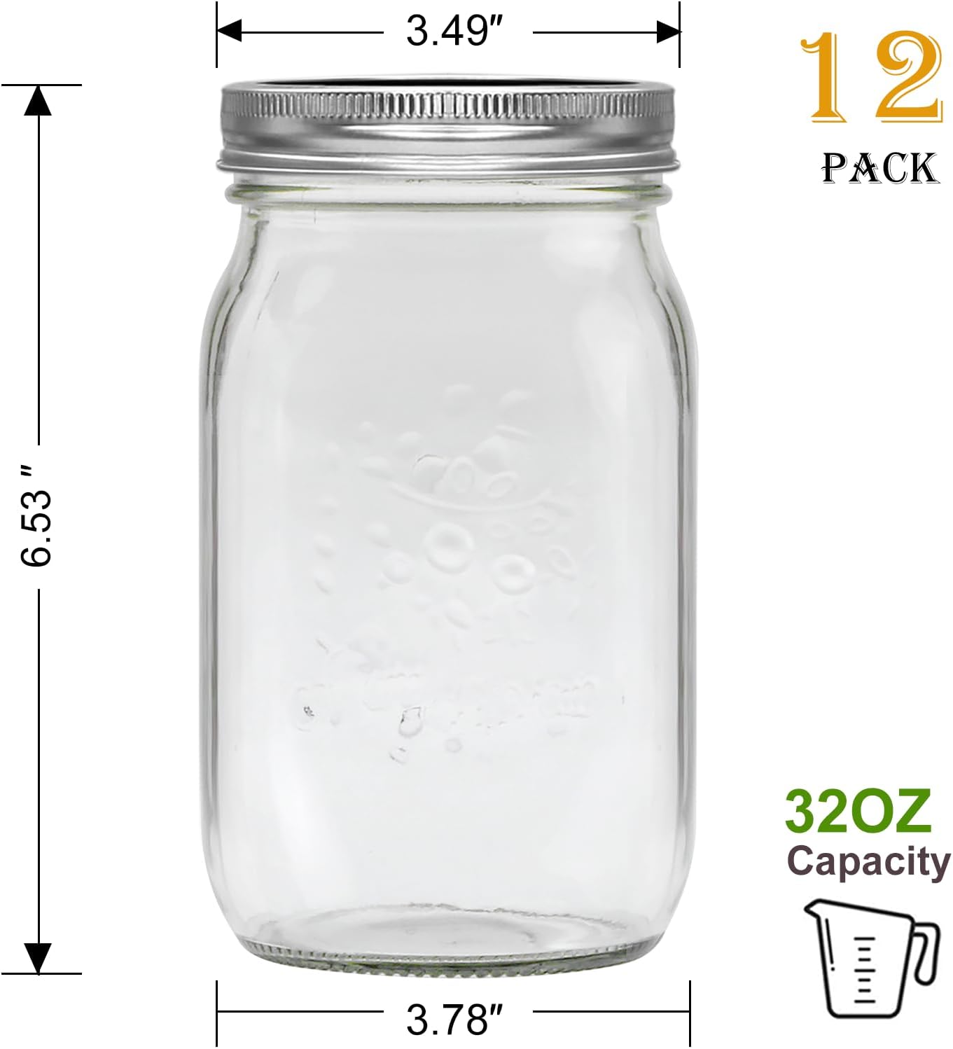 Encheng 12-Pack 32oz Clear Glass Mason Jars with Lids and Bands