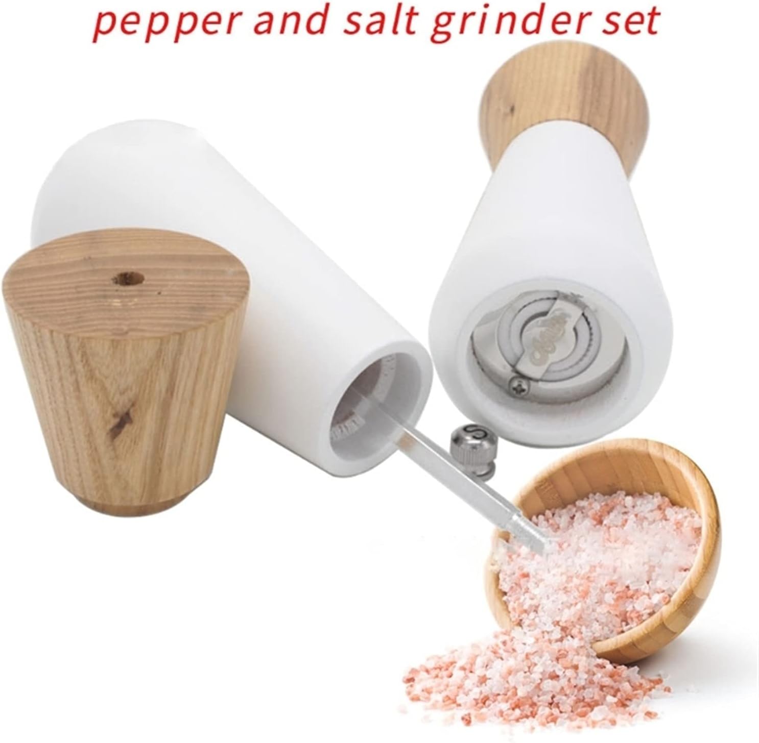 Stylish White Pepper Salt Grinder Set with Wooden Shaker