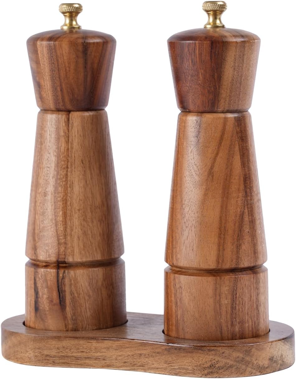 Salt and Pepper Grinder Set with Tray Acacia Wood and Stainless Steel