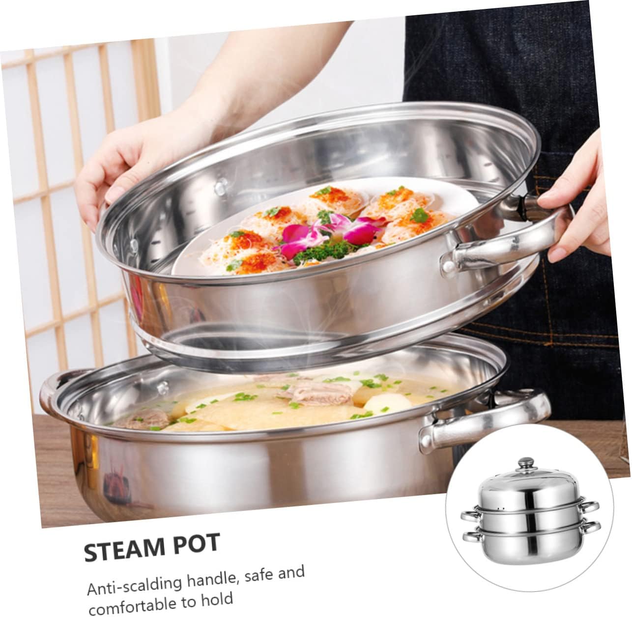 BEBEMOKO 3 Layer Steamer Pot Stainless Steel Glass with Anti-Scalding Handle