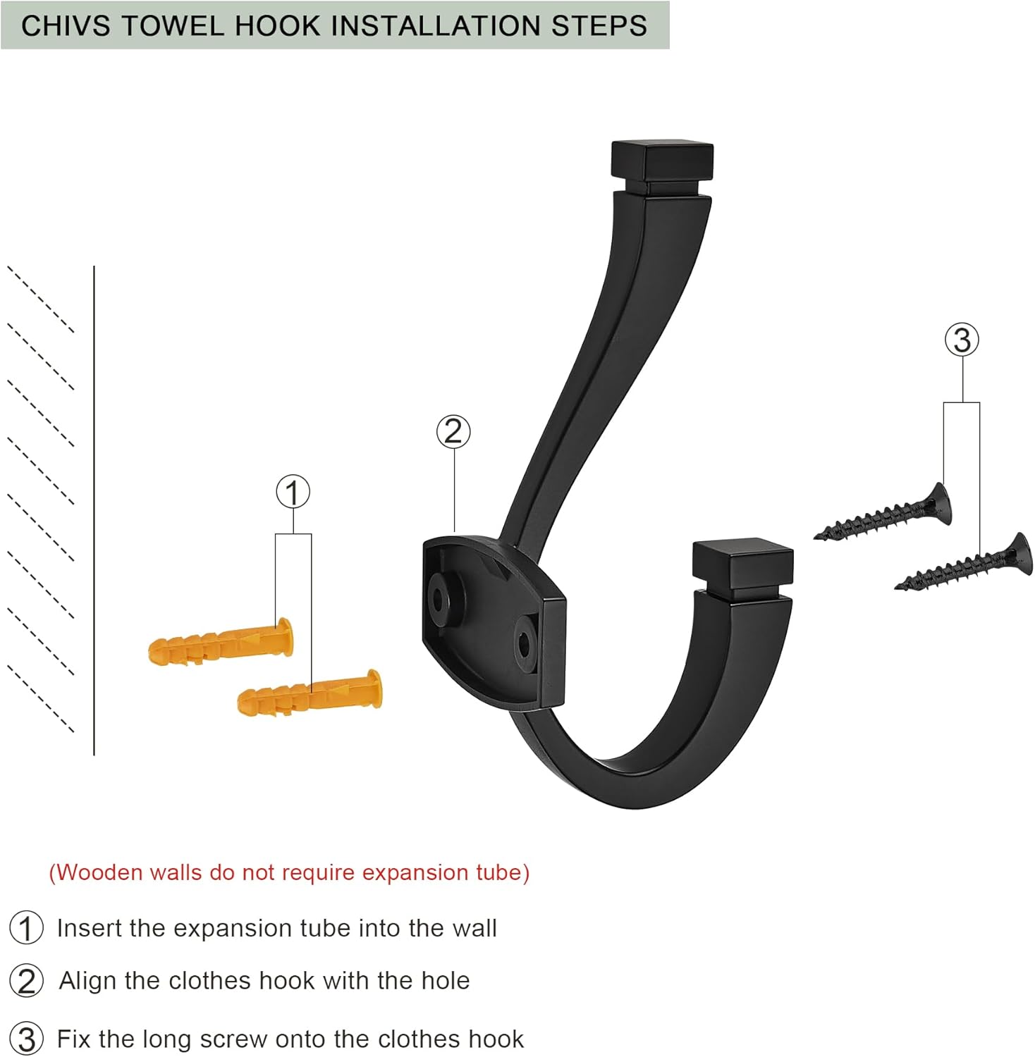 TUNNY 3-Pack Matte Black Coat Hooks