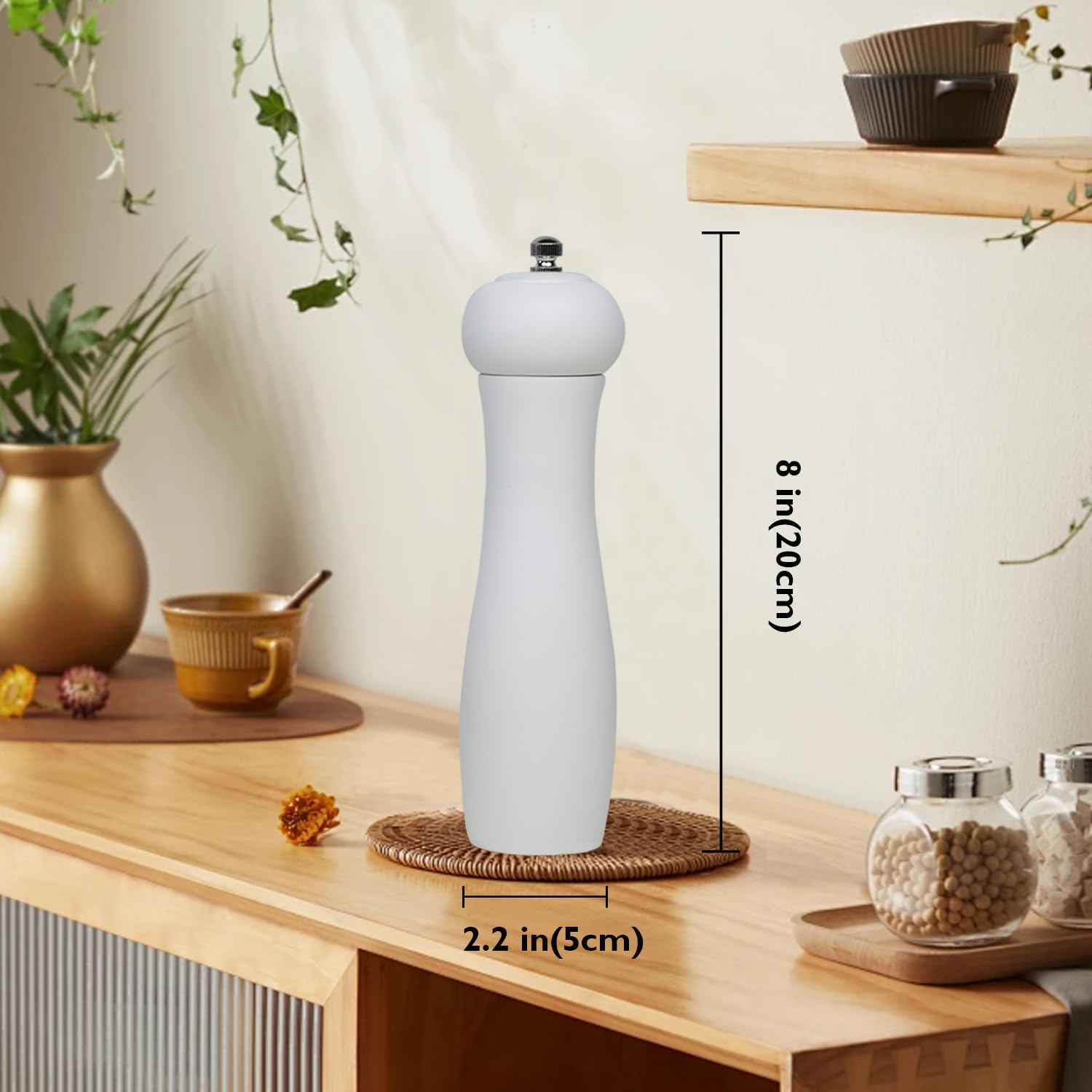 ManGotree Wooden Pepper Mill Grinder Adjustable Coarseness Refillable Oak Wood 8 Inch White