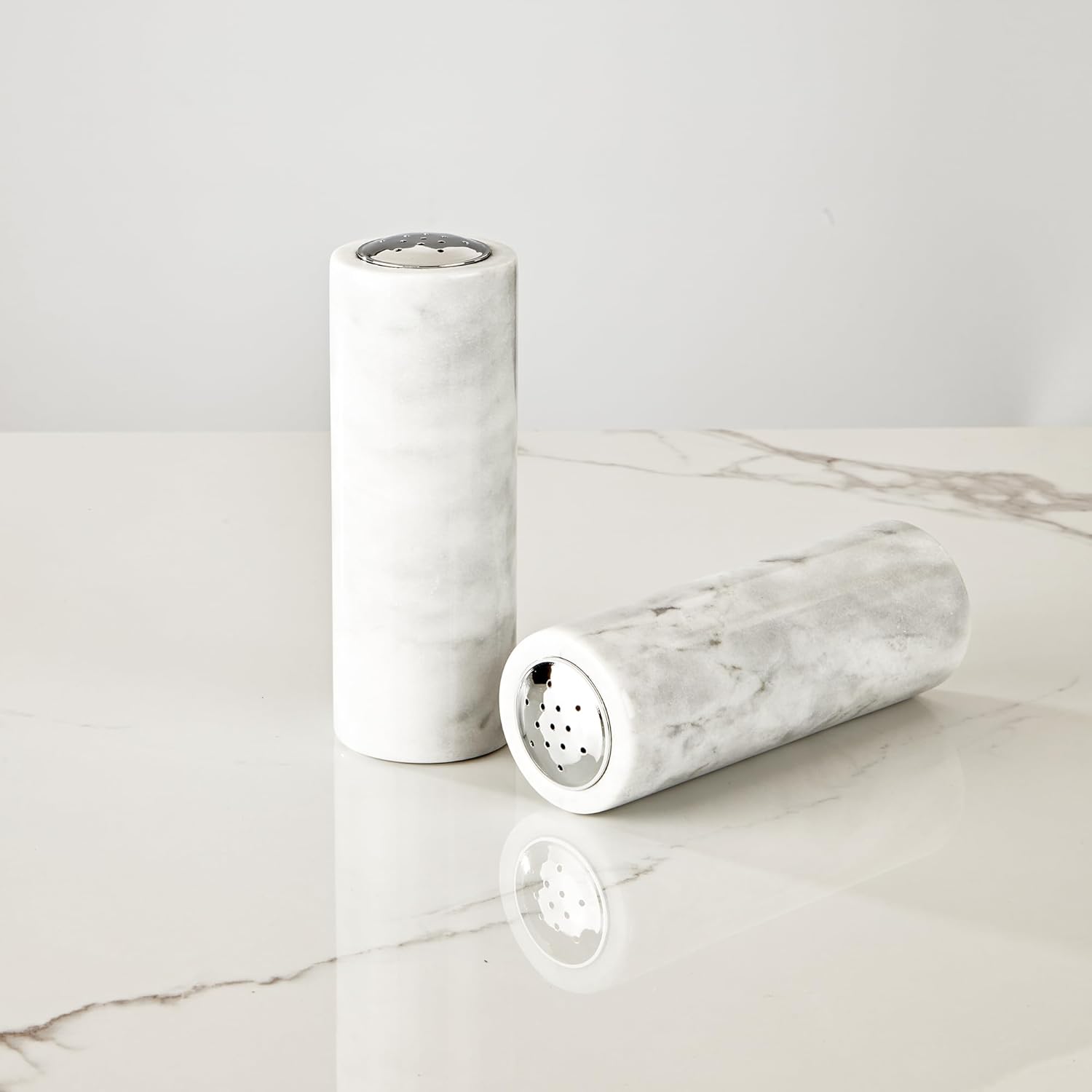 White Marble Salt Pepper Shaker Set with Adjustable Grinder