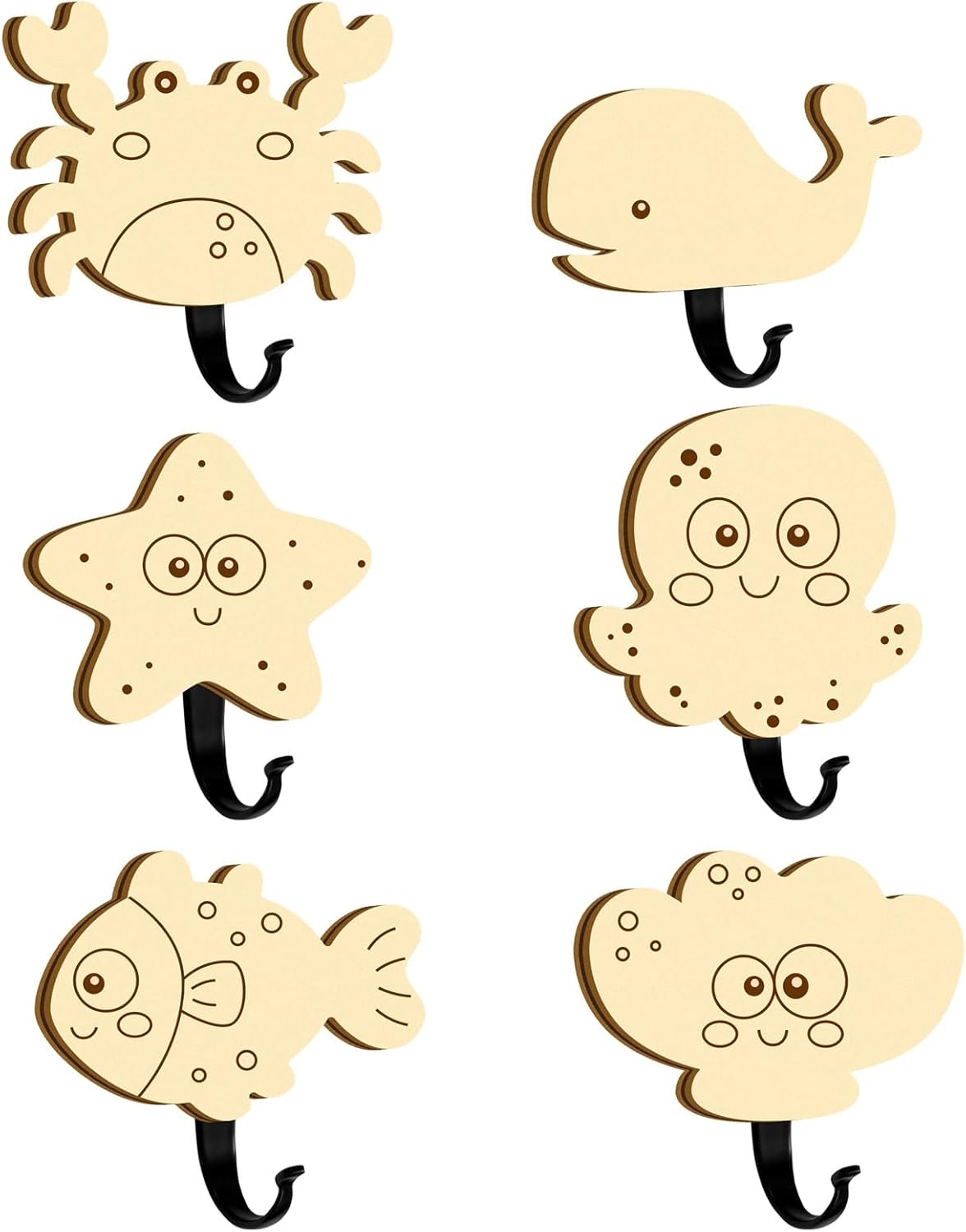 6Pcs Kids Ocean Animal Coat Hooks Wooden Wall Decor