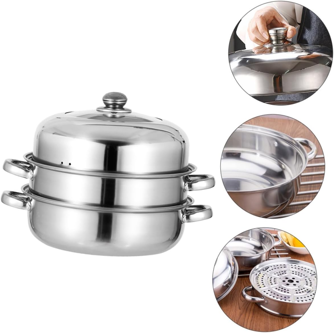 BEBEMOKO 3 Layer Steamer Pot Stainless Steel Glass with Anti-Scalding Handle