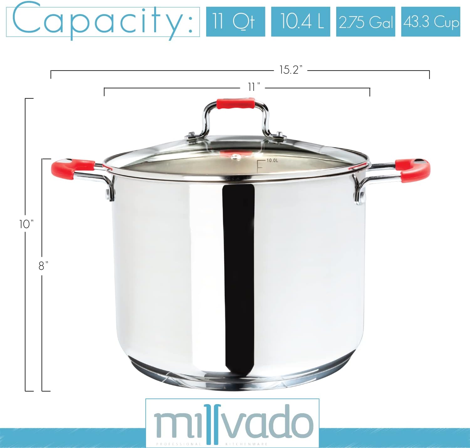 Millvado 11 Quart Stainless Steel Stock Pot with Clear Glass Lid
