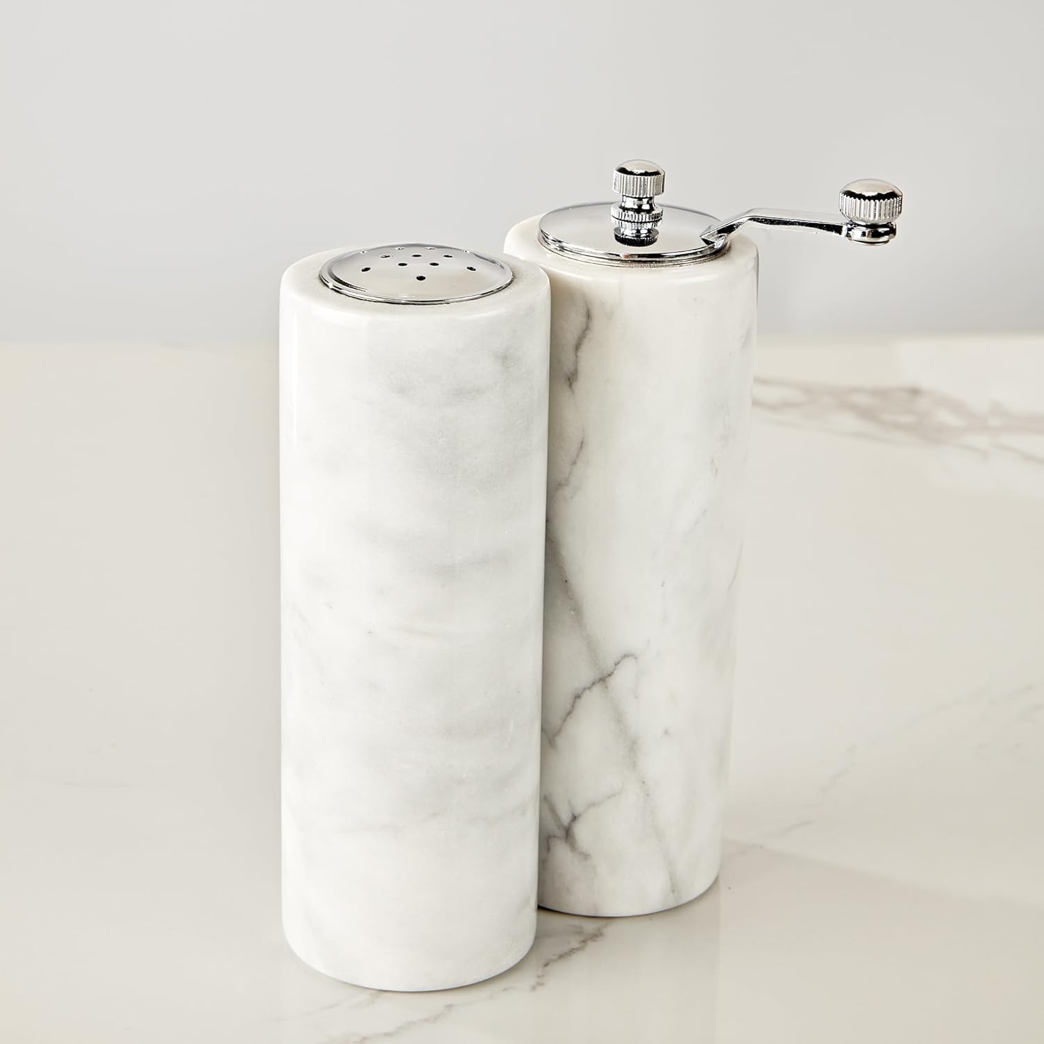 White Marble Salt Pepper Shaker Set with Adjustable Grinder