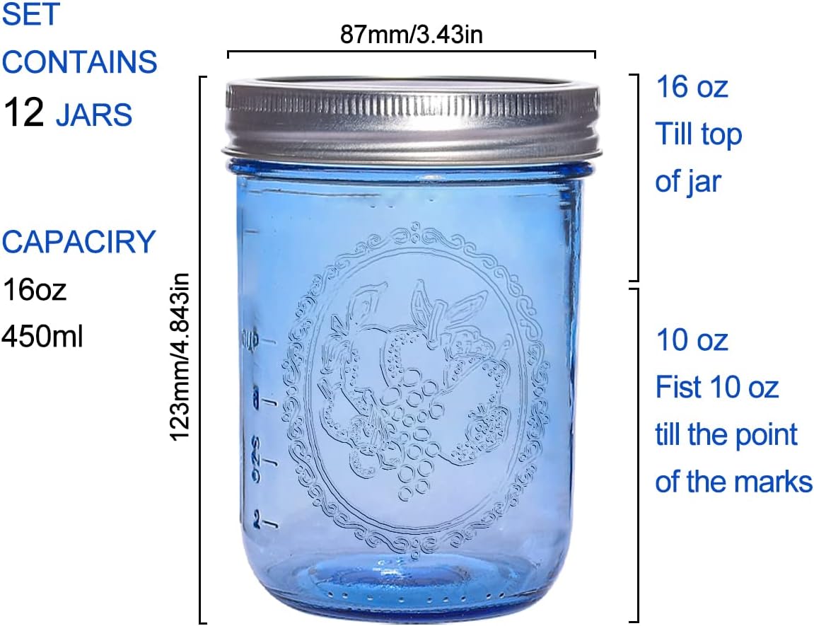 eleganttime 16 oz Blue Mason Jars 12 Pack with Lids 1