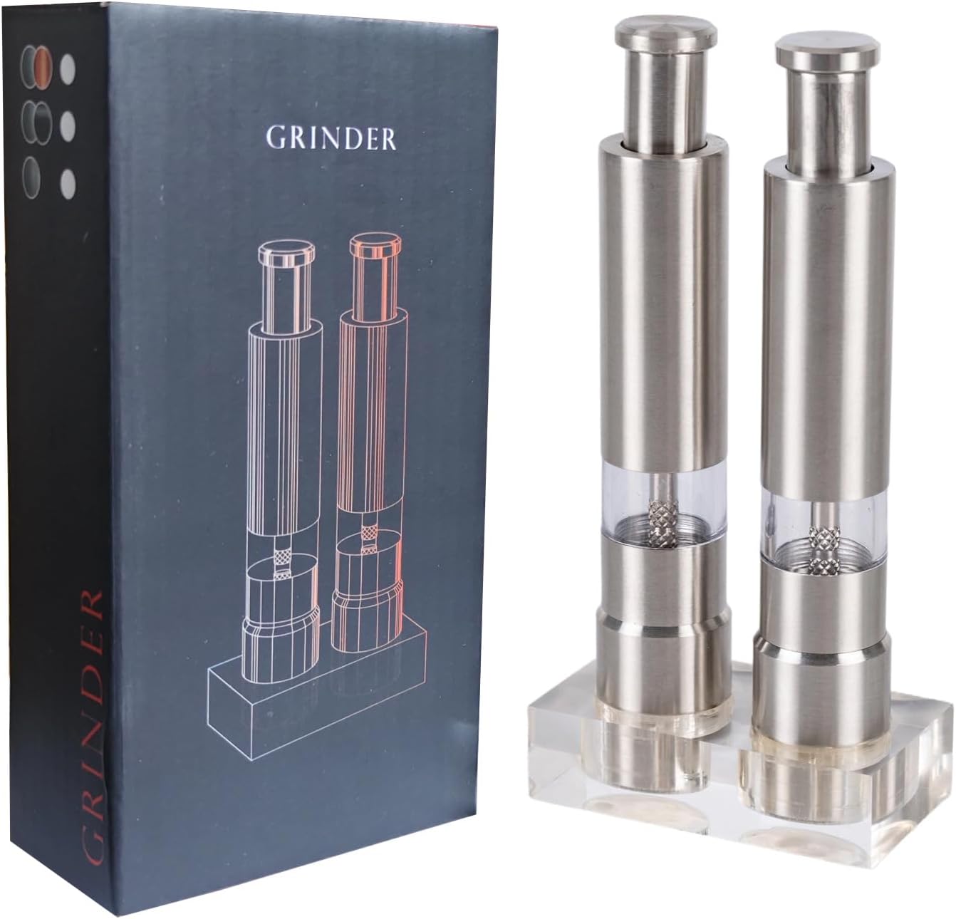 HalfofLife Salt Pepper Grinder Set Push Button Stainless Steel Refillable