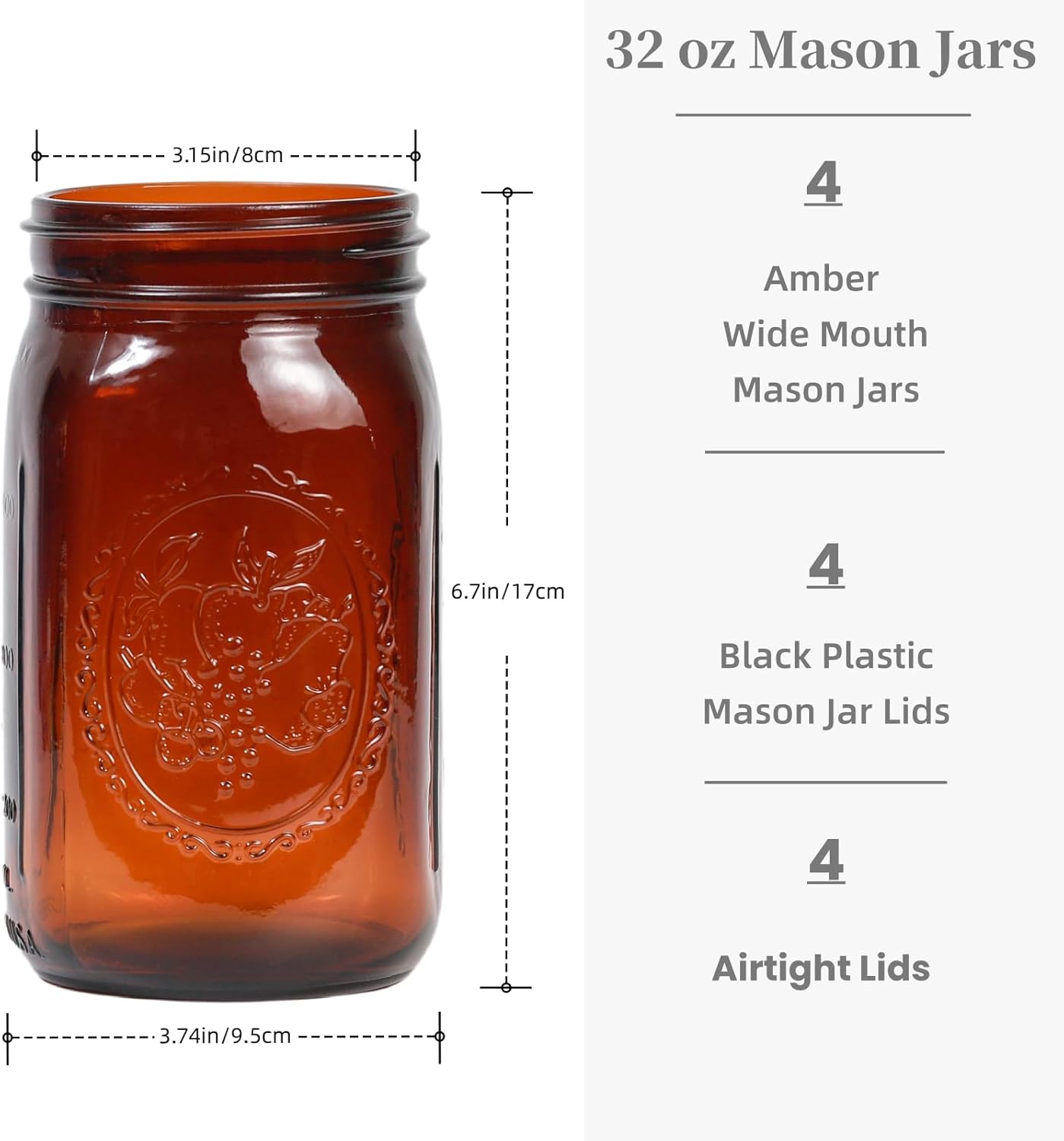 4 Pack 32 oz Amber Mason Jars with Airtight Lids and Plastic Lids