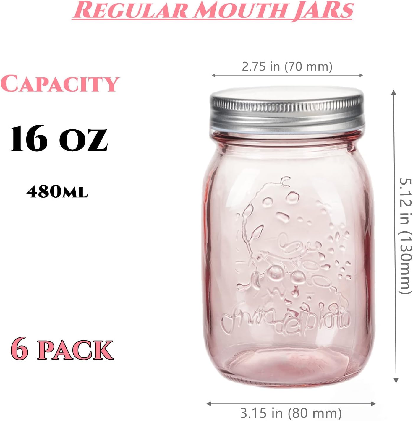 Amzcku 16 oz Rose Pink Mason Jars with Lids 6 Pack