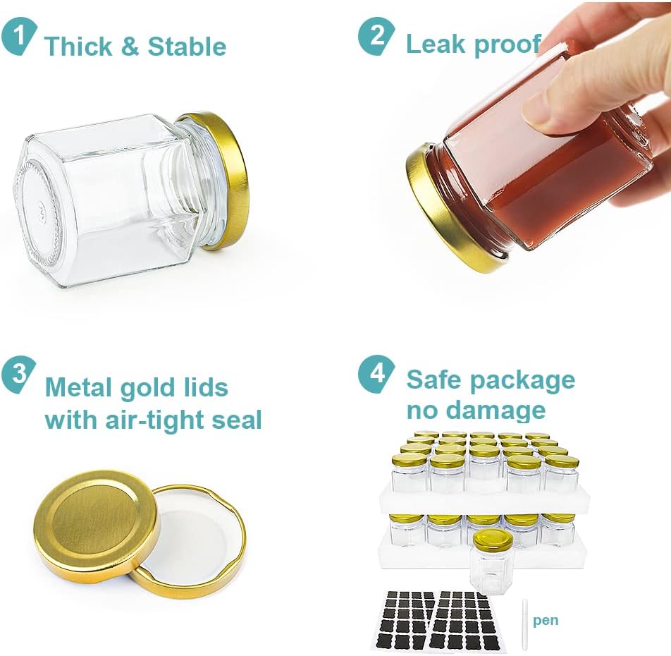40 Pack Hexagonal Honey Jars with Lids - Reusable 34 Oz Glass Canning Containers