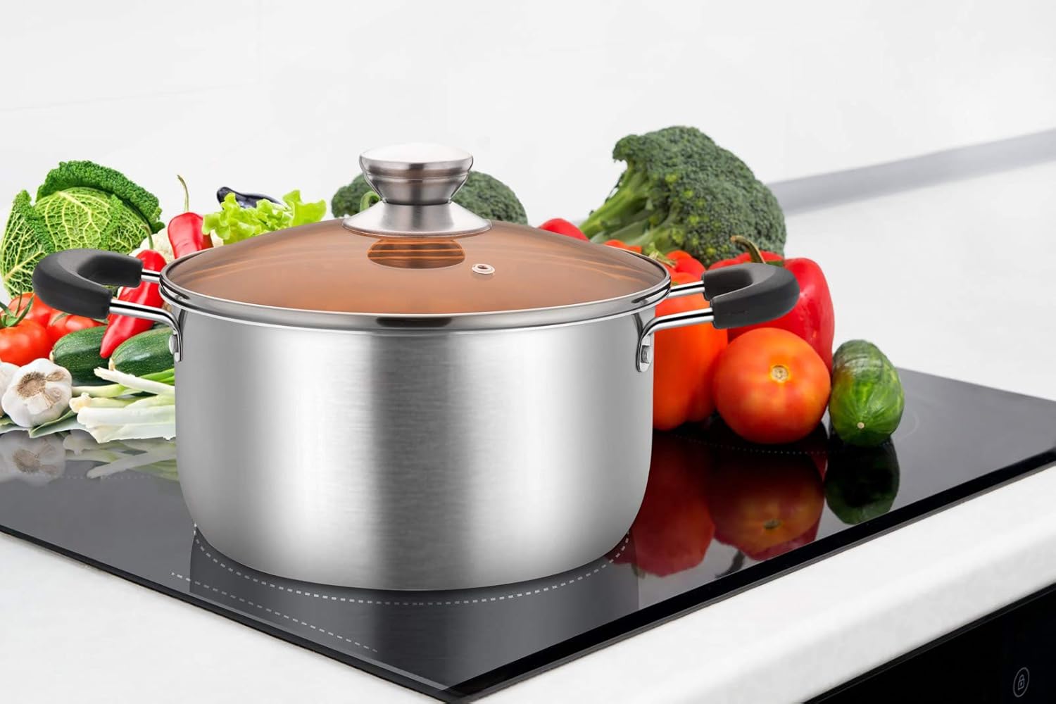 TeamFar 6 Qt Stainless Steel Stock Pot with Tempered Glass Lid