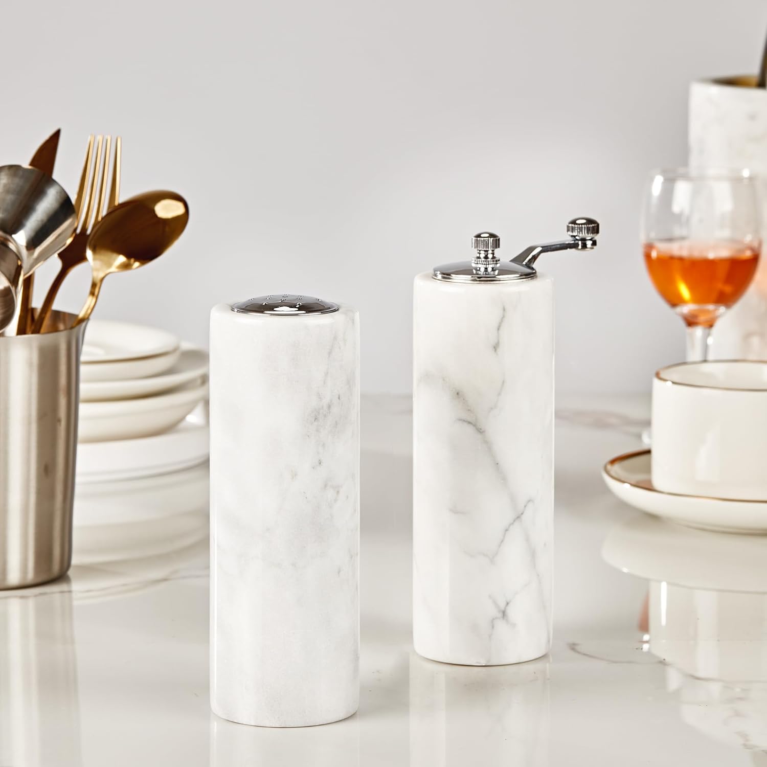 White Marble Salt Pepper Shaker Set with Adjustable Grinder