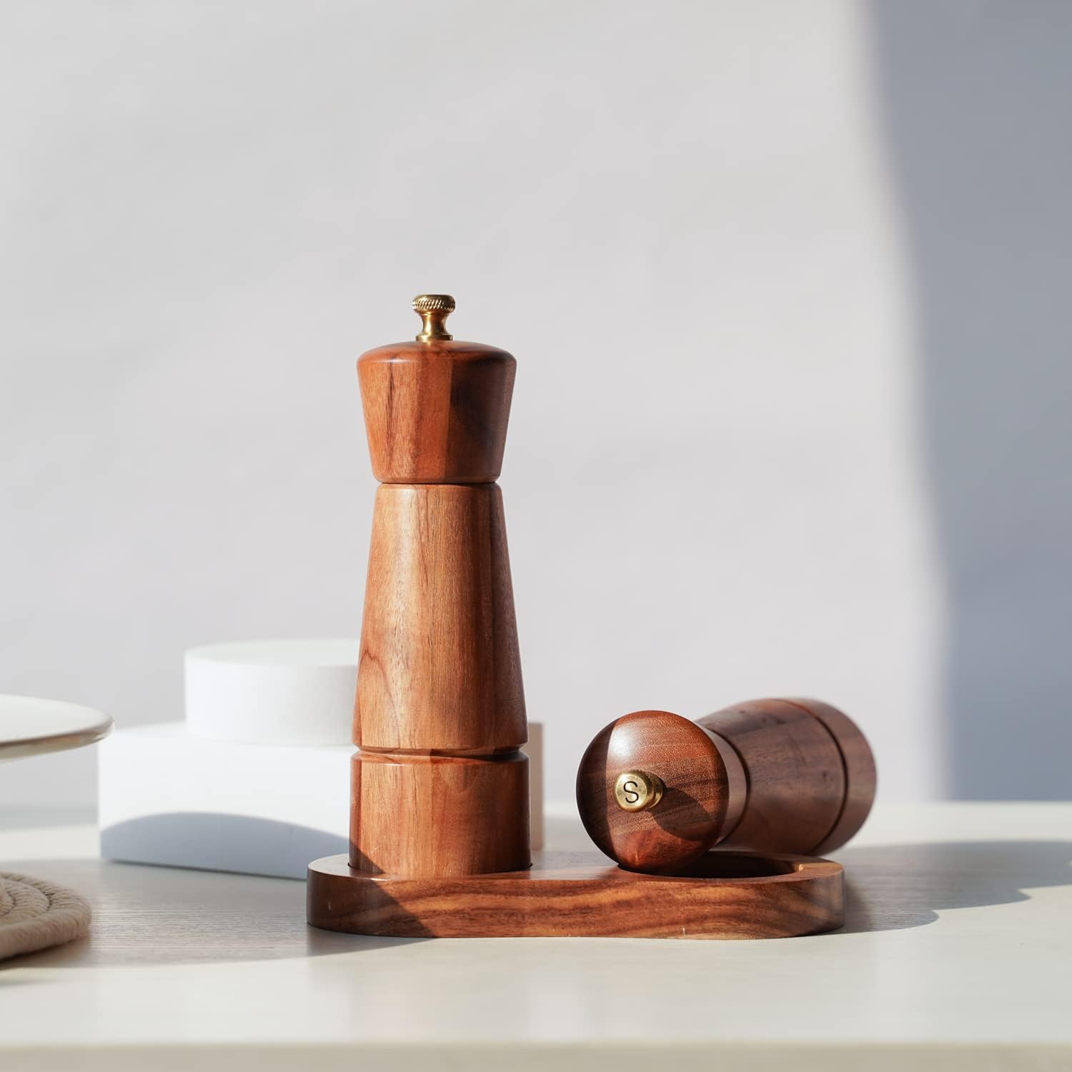 Salt and Pepper Grinder Set with Tray Acacia Wood and Stainless Steel