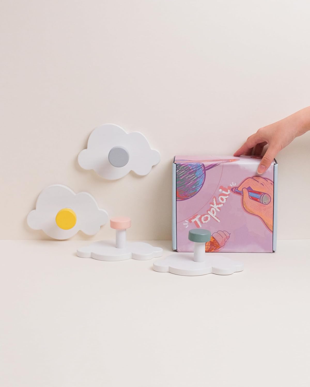 TopKai Cloud-Shaped Wall Hook Set - 4pcs Durable Wooden Hooks for Kids