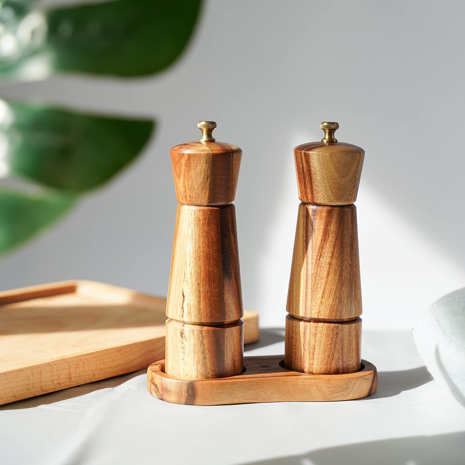 Salt and Pepper Grinder Set with Tray Acacia Wood and Stainless Steel