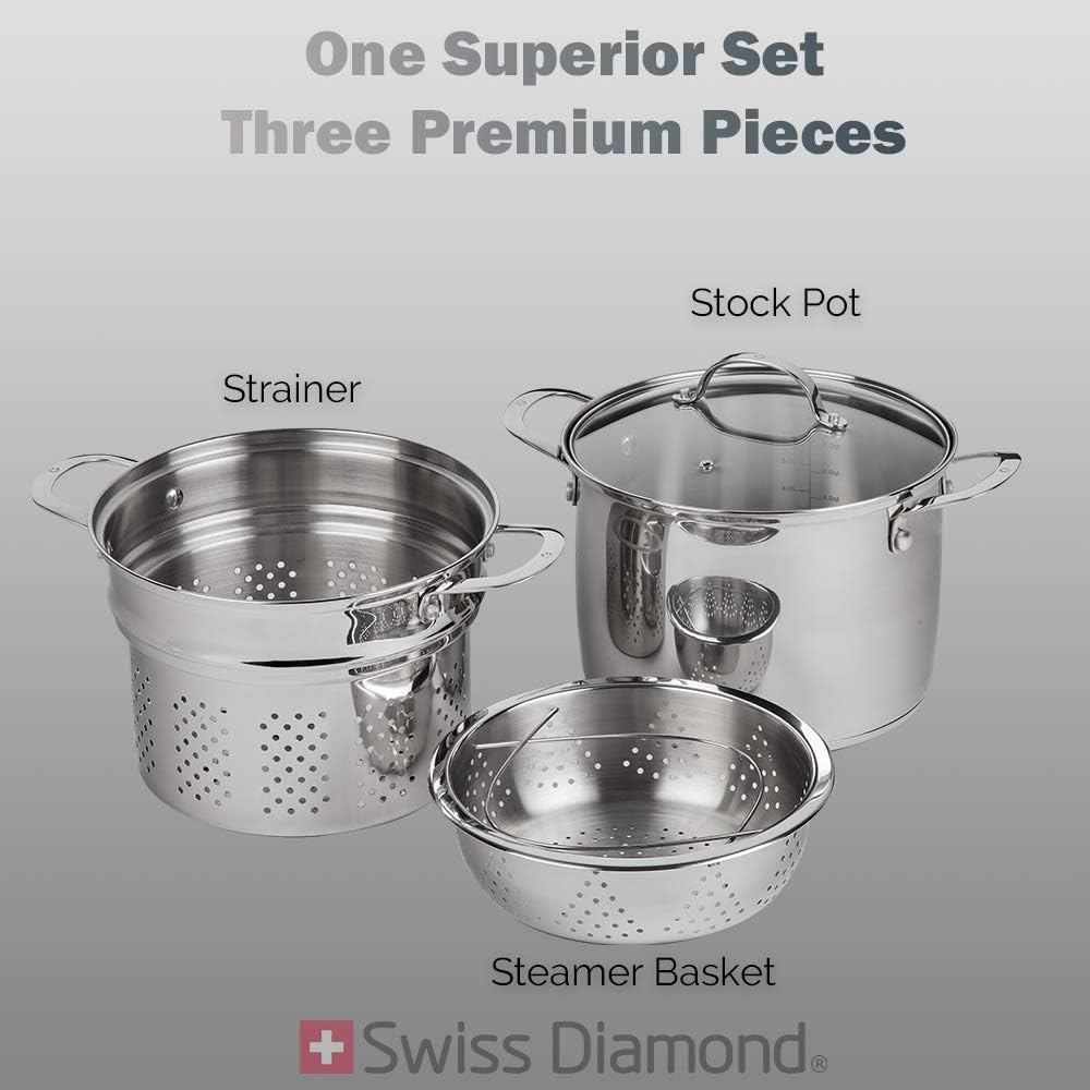 Swiss Diamond 3-in-1 Stainless Steel Cookware Set with Strainer and Steamer